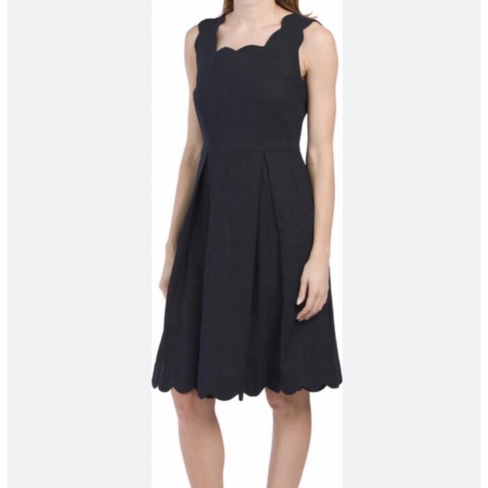 Sigrid Olsen XL Dress Scalloped Hem Knee Length Dark Navy Blue Pleated Linen